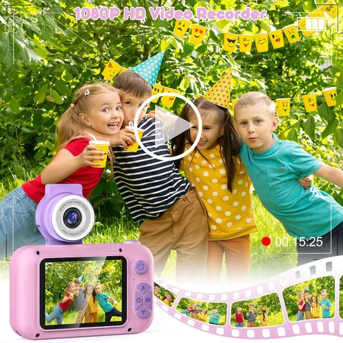 Vista 5 de Cámara para niños con lente giratoria de 180° para selfie y video, cámaras de video digitales HD para niños pequeños con tarjeta SD de 32 GB, ideal