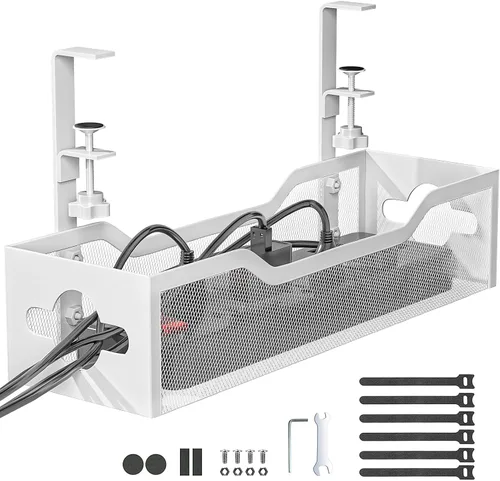Vista 11 de Bandeja de organización de cables para debajo del escritorio, sin taladros, organización de cables de malla metálica debajo del escritorio