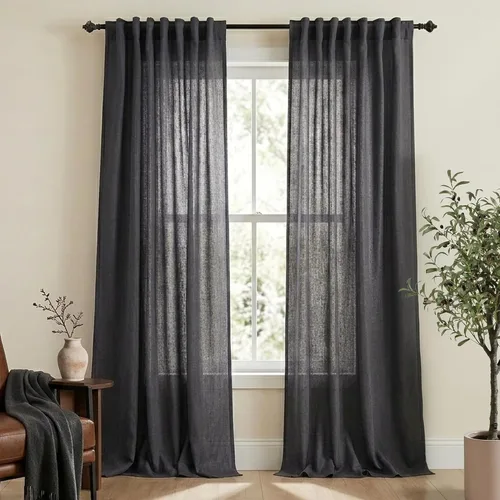 Vista 100 de Mrs.Naturall Cortinas negras de 45 pulgadas de largo, cortinas cortas de lino transparente para privacidad para cocina, dormitorio, ventanas