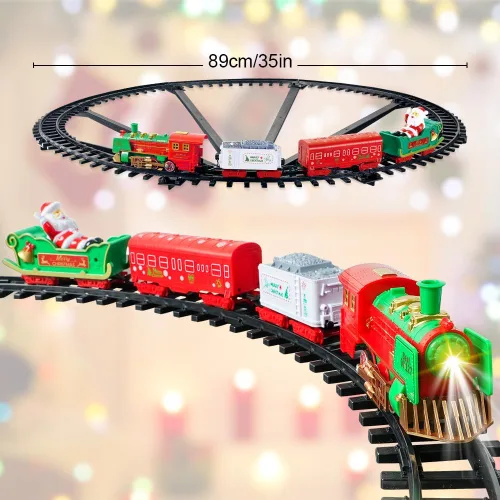 Vista 6 de Juego de Tren de Navidad Colgante - VATOS Juguete de Tren de Navidad 2 en 1 con Luz y Sonido para Niños, Juego de Juguete de Tren Alrededor y Debajo