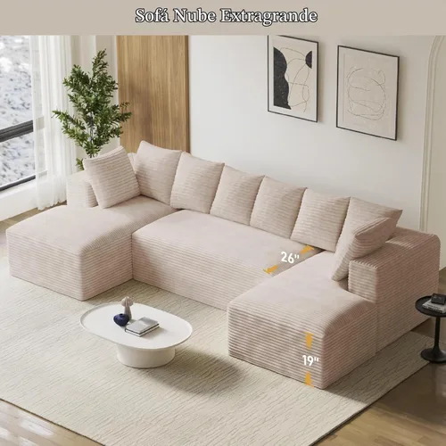 Vista 6 de ONEMMLION - Sofá grande sin hueso de 131 pulgadas con diván, color beige Corduroy, U-Shaped Modular Sectional Couch for Living Room, Memory Foam