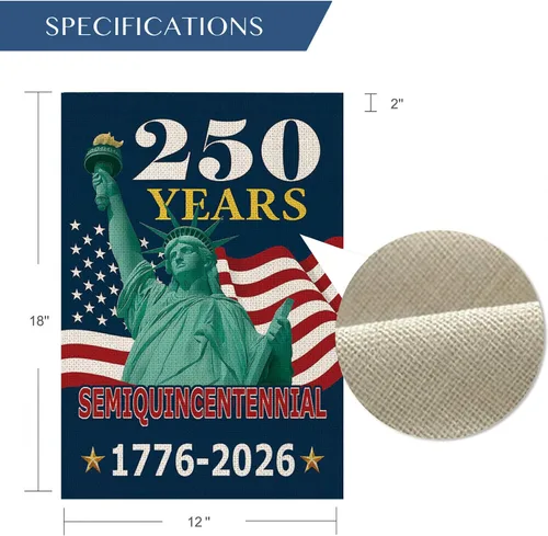 Vista 2 de Bandera de jardín de 250 años de América, pancarta patriótica de doble cara del 250 aniversario de Estados Unidos, diseño de estatua de la libertad