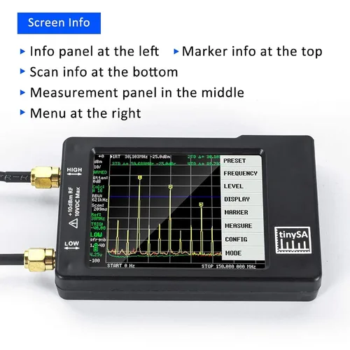 Vista 7 de Analizador portátil de espectro TinySA, AURSINC V0.3.1 Analizador de frecuencia portátil, Generador de señal 100kHz a 960MHz Entrada MF/HF/VHF UHF