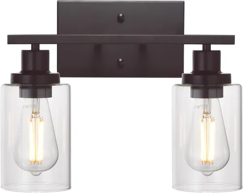 Vista 21 de MELUCEE Aplique de pared negro industrial vintage de 2 luces con pantalla de vidrio transparente y base de metal, luces de tocador de baño, apliques