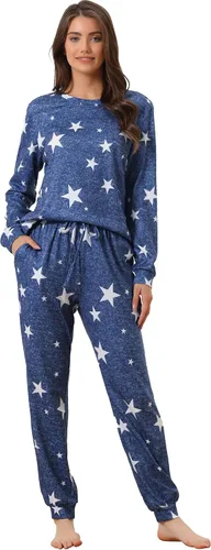 Vista 10 de cheibear Conjunto de pijama de manga larga para mujer, sudadera Kint con estampado de estrellas, ropa de dormir de 2 piezas Negro