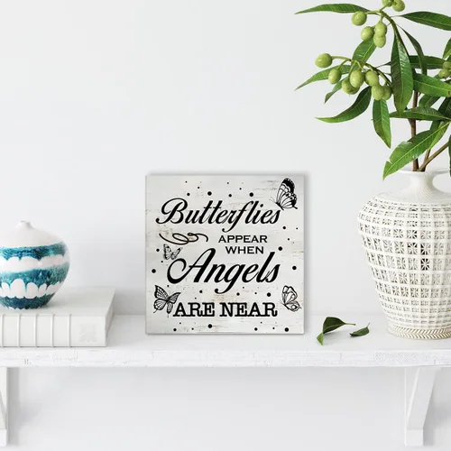 Vista 4 de Letrero rústico de madera con cita de simpatía religiosa, las mariposas aparecen cuando los ángeles están cerca de madera, decoración de estante
