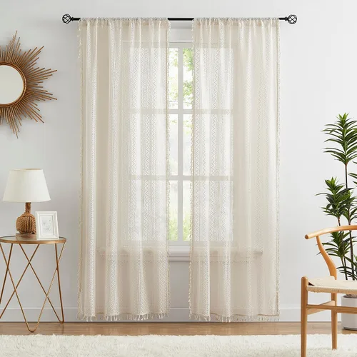 Vista 10 de ZJDECOR Cortinas traslúcidas de encaje bohemio de 54 pulgadas de largo, juego de 2 paneles de cortinas con patrón geométrico rústico beige
