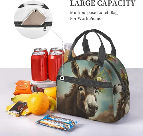 Vista 6 de Bolsa de almuerzo con estampado de animales de burro para mujeres y hombres, reutilizable, aislada, impermeable, bolsa enfriadora para picnic