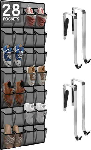 Vista 12 de Kotkn Organizador de zapatos de 10 niveles sobre la puerta, 20 bolsillos con capacidad para 20 a 30 pares, tela Oxford resistente con malla