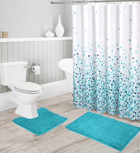 Vista 6 de Linen Plus - Juego de baño que incluye tapete de baño de felpilla suave antideslizante, tapete de contorno, cortina de ducha y ganchos de acero
