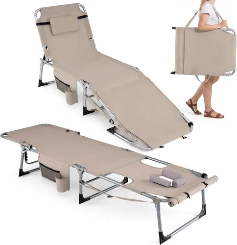Vista 13 de Giantex Silla bronceadora, silla de playa de 330 libras con 5 posiciones ajustables, agujero para cara y brazo, correa para manos/hombros, almohada