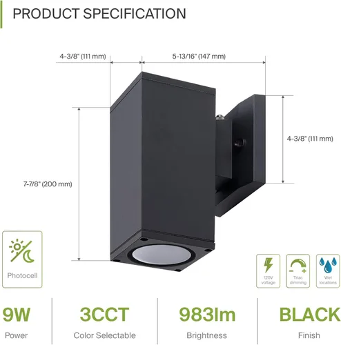 Vista 2 de ASD Lámpara de pared LED cuadrada de 1 luz para exteriores del anochecer al amanecer, 9 W, 1000 lúmenes, 3000 K-5000 K, 120 V, cilíndrica hacia