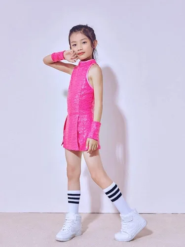 Vista 7 de LOLANTA Vestido de baile de lentejuelas para niñas de 4 a 12 años, traje de baile de hip hop, sin mangas y pantalones cortos
