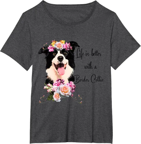 Vista 33 de Life is Better With a Border Collie - Camiseta de perro lindo con flores, gris, S Gris Oscuro
