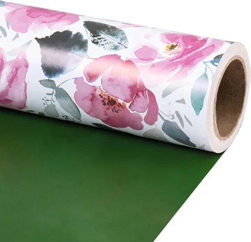 Vista 18 de RUSPEPA Papel de regalo reversible floral para niñas y mujeres, mini rollo, acuarela azul floral y azul sólido papel de regalo para cumpleaños