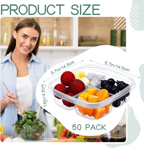 Vista 4 de 50 cajas Bento de plástico transparente, 4 compartimentos, reutilizables, contenedores de alimentos a prueba de fugas, caja Bento con tapas