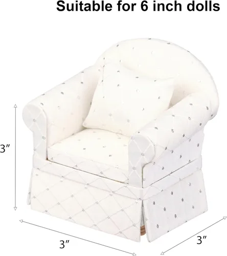 Vista 5 de Sillón blanco para casa de muñecas con otomana, mini silla para sala de estar, accesorio de muebles para muñecas de 6 pulgadas, escala 1:12