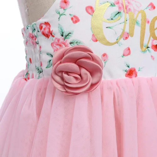 Vista 4 de Disfraz de tutú rosa para niña de primer cumpleaños, vestido de tul con flores rosas, vestido de verano para fiesta de té, trajes de sesión de fotos
