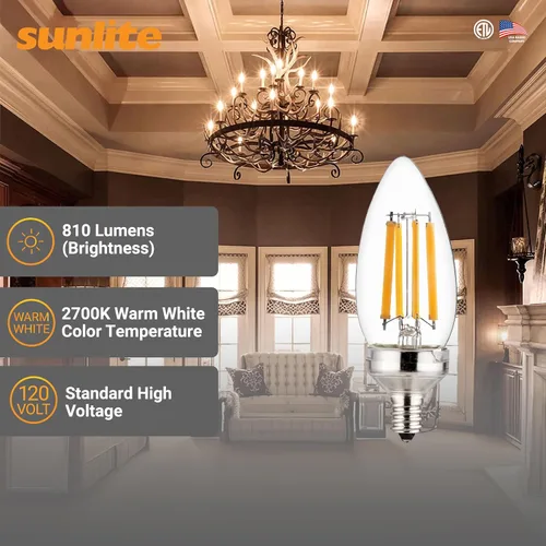 Vista 2 de Sunlite Bombilla LED Edison B11 40270 con punta de torpedo, 7.5 vatios (equivalente a 60 W), 810 lúmenes, base de candelabro E12, regulable