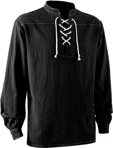 Vista 3 de Camisas para hombre, casual, cuello en V, manga larga, algodón y lino, estilo vintage, medieval, sólida, ropa de moda