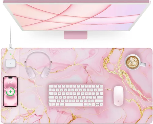 Vista 16 de Alfombrilla magnética de carga inalámbrica para mouse, 27.5 x 11.8 pulgadas, tapete de escritorio para juegos con bordes cosidos superiores, base