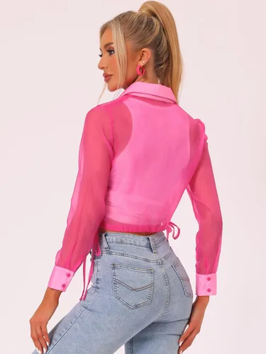 Vista 4 de Allegra K Chaqueta de malla transparente para mujer, manga larga, dobladillo con cordón y botones, recortada