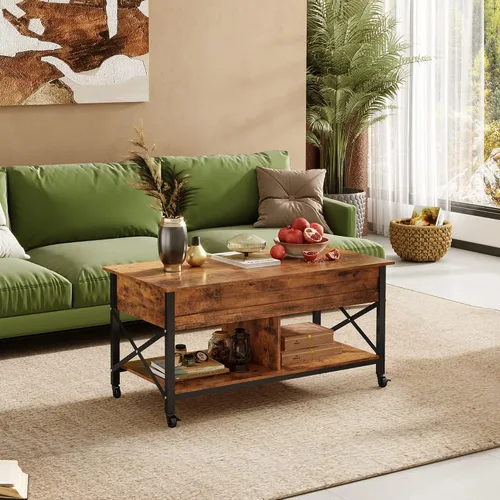 Vista 8 de WLIVE Mesa de Centro, Mesa de Centro Elevable de 41.3" con 4 Ruedas, Compartimento Oculto, Estante de Almacenamiento y Superficie Elevable para Sala