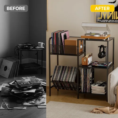 Vista 13 de Soporte para tocadiscos con luz LED, soporte para tocadiscos con almacenamiento de vinilo para más de 300 álbumes, gabinete multimedia de 3 niveles