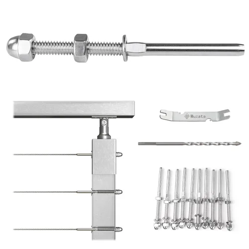 Vista 10 de Muzata Paquete de 10 accesorios de barandilla de cable negro de 1/8 pulgadas, tensor roscado a mano para poste de metal de 2 x 2 pulgadas, sistema
