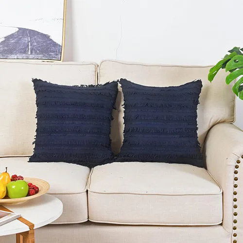 Vista 19 de GYROHOME Paquete de 2 fundas de almohada de algodón y lino, fundas de cojín decorativas, diseño de borlas, fundas de cojín modernas con flecos Beige