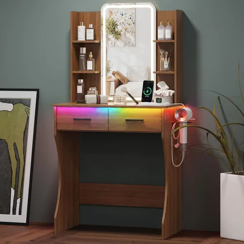 Vista 14 de HUANLEGO Pequeño escritorio rosa con espejo y luces para mujeres y niñas