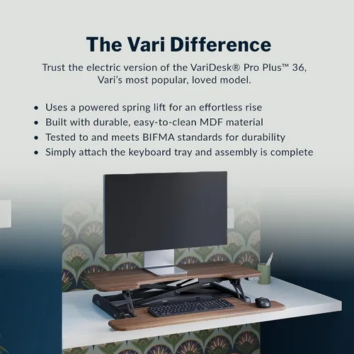 Vista 8 de Vari VariDesk Pro Plus 36 - Convertidor eléctrico de escritorio de pie -11 ajustes de altura + elevación de resorte, diseño de 2 niveles con bandeja