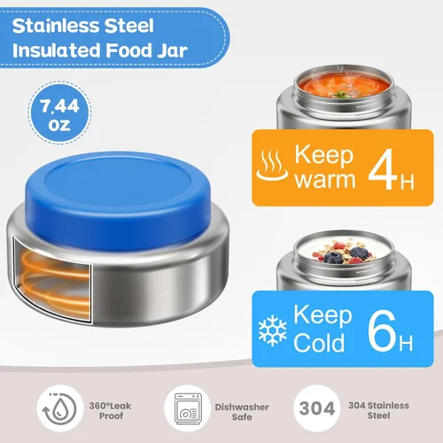 Vista 3 de Pawtong Caja Bento de Acero Inoxidable para Niños y Adultos con Frasco de Comida Aislado de 7 oz, Caja de Almuerzo de Metal con Tapa Transparente