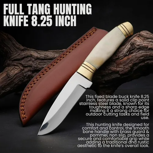 Vista 2 de SZCO Cuchillo de caza Full Tang de 8.25 pulgadas, elegante cuchillo de campamento con mango de hueso, hoja de acero inoxidable y funda, cuchillo