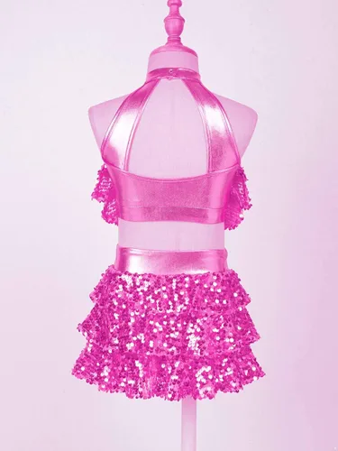 Vista 4 de Linjinx Conjunto de camiseta corta metálica de lentejuelas con falda para niñas y niñas, trajes de baile latino de jazz, 2 piezas, disfraz de baile