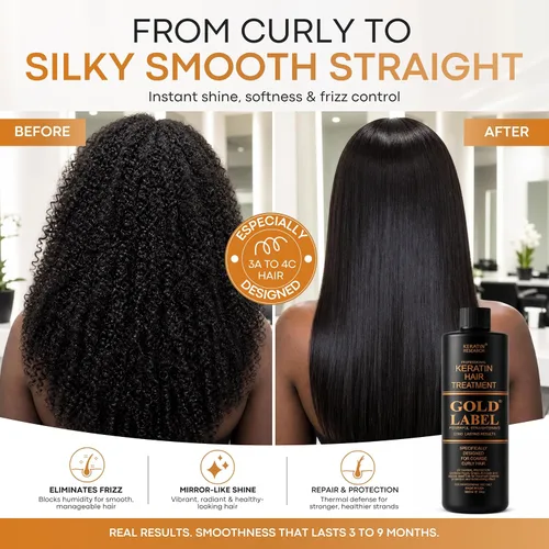 Vista 3 de Gold Label - Tratamiento capilar profesional con queratina brasileña, fórmula súper mejorada específicamente diseñada para tipos de cabello grueso