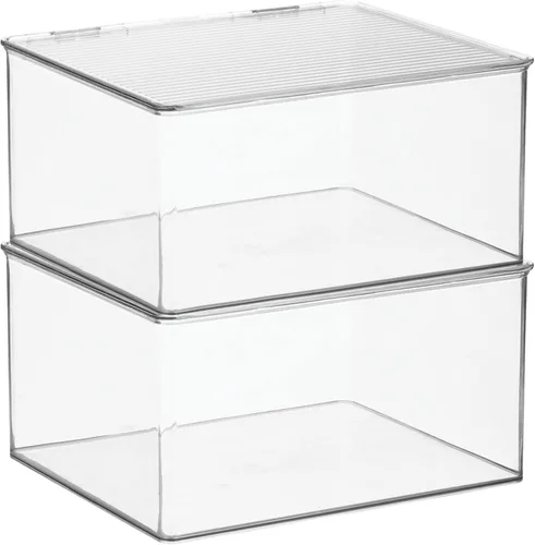 Vista 9 de mDesign Caja apilable de plástico con tapa con bisagras para cocina, despensa, armario, nevera/congelador, caja organizadora ancha para aperitivos