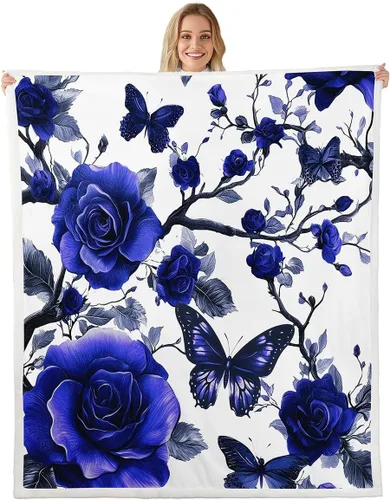 Vista 13 de Manta de franela azul rosa para todas las estaciones, manta de cama gótica de mariposa para decoración del hogar kawaii, manta rústica con flores
