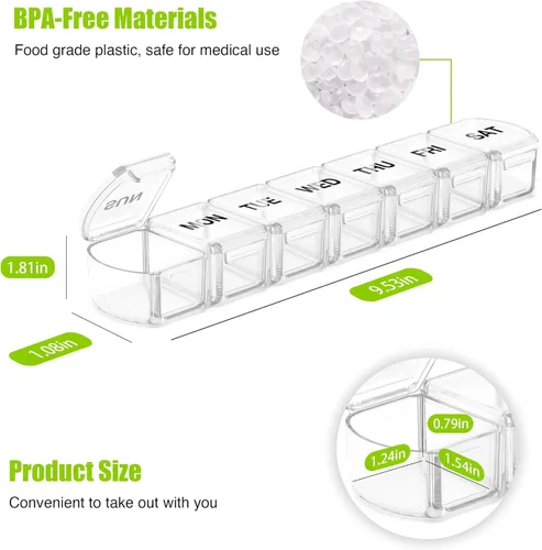Vista 6 de Organizador de píldoras extra grande 3 paquetes, pastillero XL de 7 días, estuche semanal de píldoras con gran capacidad, organizador jumbo, sin BPA