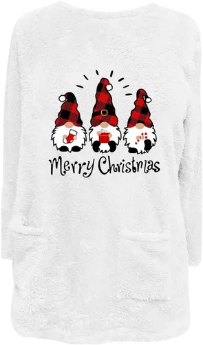 Vista 3 de Camisetas de Navidad para mujer, de manga larga, con forro polar, lindas sudaderas con estampado de gnomos para invierno