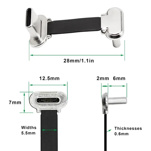 Vista 2 de Cable plano corto USB C de 90 grados, doble ángulo, USB C macho a macho, PD de 65 W, cable de datos de carga rápida para bancos de energía, teléfono