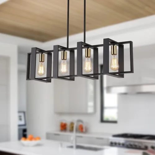 Vista 10 de 9MMML Lámpara de 3 luces para isla de cocina, lámpara de comedor negra, con marco de madera, para sala de estar, vestíbulo, entrada, pasillo, E26