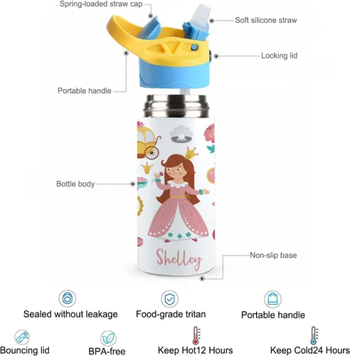 Vista 3 de Botellas de agua personalizadas con nombre personalizado, botella aislada con tapa de popote, botellas de agua de acero inoxidable personalizadas