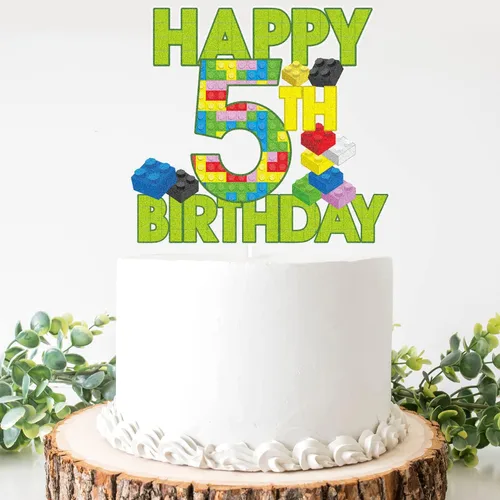 Vista 3 de Decoración de pastel de bloque de construcción de feliz 5º cumpleaños – Juegos de rompecabezas para fiesta de 5 cumpleaños de niño, suministros