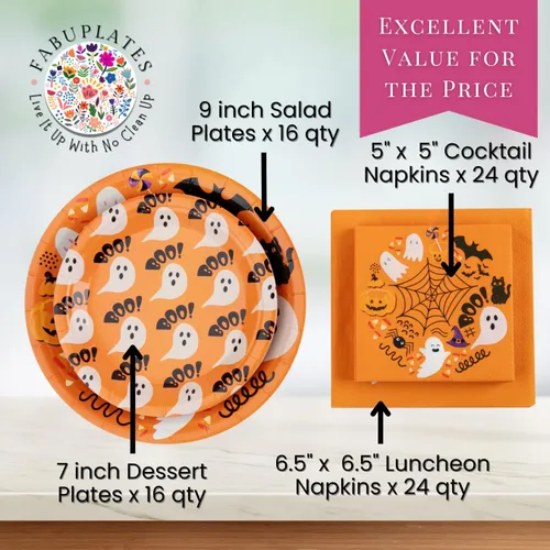 Vista 2 de Juego de vajilla desechable de 80 piezas con diseños de fantasma y calabaza, incluye platos de 9 y 7 pulgadas, servilletas de cóctel y almuerzo