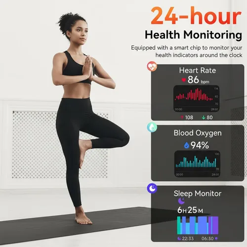 Vista 5 de Reloj inteligente con Alexa integrado, llamadas y notificaciones Bluetooth, monitor de salud HD de 1.83 pulgadas, frecuencia cardíaca 24/7 y Negro