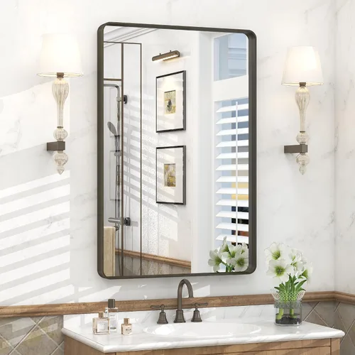 Vista 9 de Espejo rectangular para pared de baño de 20x30 pulgadas con marco negro mate, espejo de tocador con esquinas redondeadas, espejo de baño de metal
