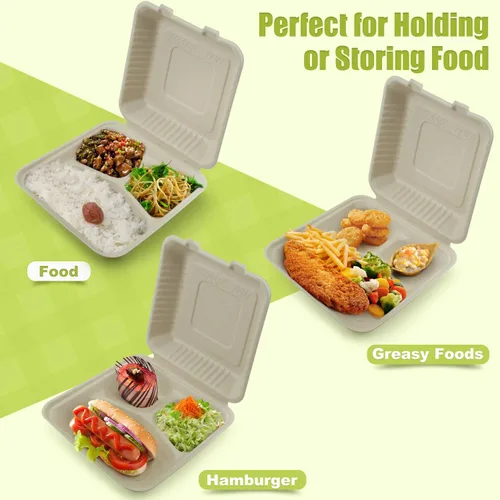 Vista 4 de Green Earth, 9 pulgadas, 50 unidades, 3 compartimentos, almeja compostable, BAM ware (fibra de bambú), cajas de comida para llevar – recipientes 9