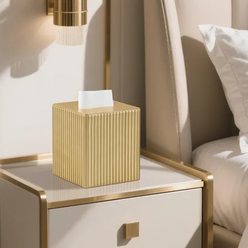 Vista 3 de Funda de Caja de Paños de Cuero PU Cuadrada, Soporte de Caja de Paños Rectangular con Cierre Magnético, Soporte de Paños Decorativo para Baño Dorado