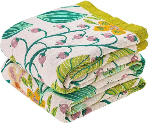 Vista 25 de Manta bohemia de muselina de algodón tejida con flores decorativas de 50 x A-verde